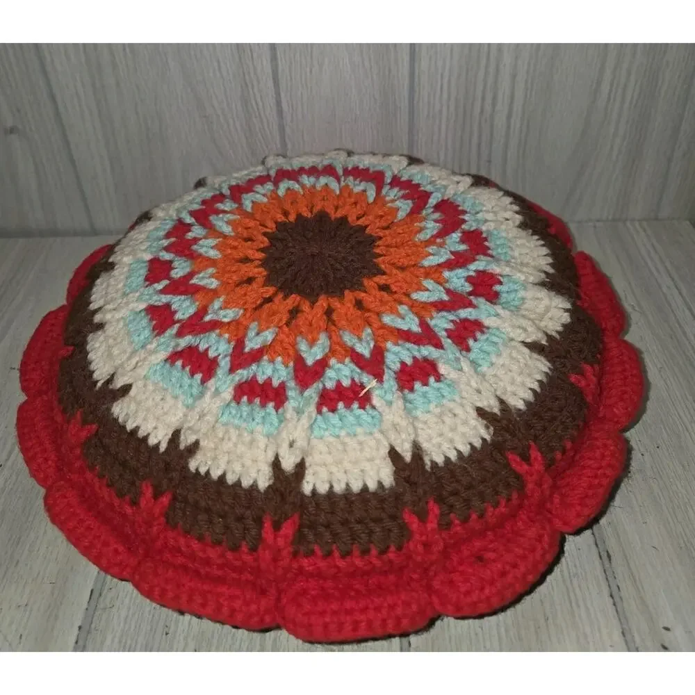 Vtg Hand Crochet Double Sided Scalloped Granny Round Muti Color Throw Pillow 11
